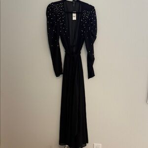 Express Black Sheer Long Sleeve Dress with Pearl Details